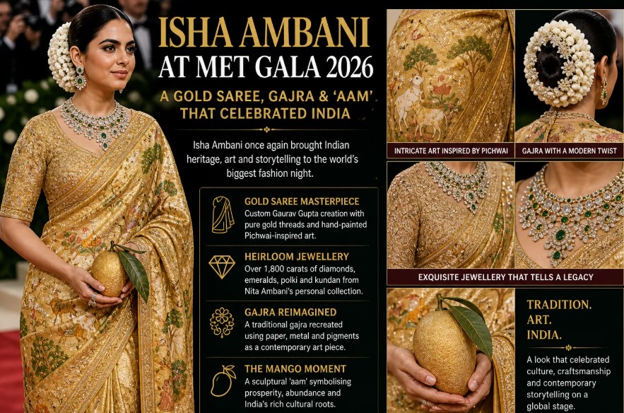 Isha Ambani Shines at Met Gala 2026 in Gold Saree with Gajra and Mango Theme